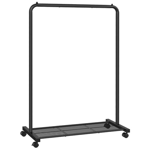 SONGMICS Clothes Rack with Wheels, Clothing Rack for Hanging Clothes, 25.4 mm Metal Garment Rack with Dense Mesh Storage Shelf, 110 lb Load Capacity, 2 Brakes, Black UHSR25BK - color: Black, style: Single Rod