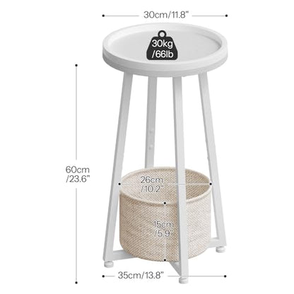 HOOBRO Small Round Side Table, 2-Tier Round Sofa End Table, Compact Nightstand with Cotton Linen Storage Basket, for Small Space, Living Room, Bedroom, Dorm, White WW183BZ01 - color: White