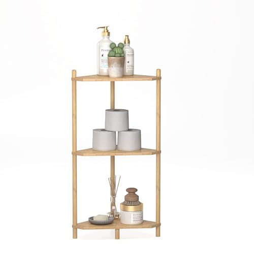 Wisuce Natural Small Corner Shelf Stand, 3-Tier Bamboo Corner Bookshelf | Space-Saving Narrow Corner Shelf | Bathroom Corner Shelf | Shelves for Bedroom, Living Room, Kitchen & Plant Display - color: Natural, size: 3 Tier