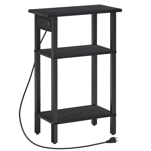 HOOBRO Narrow Side Table, 3-Tier Slim End Table with Charging Station, Skinny Nightstand with Open Storage, for Small Spaces, Living Room, Bedroom, Study, Rustic Brown and Black BB340UBZ01 - color: Black, size: 7.9"L x 15.7"W x 26"H