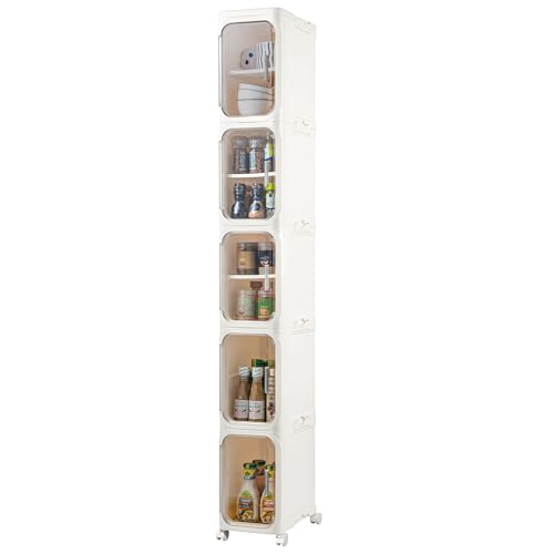 LXLXXL 5-Tier Narrow Storage Cabinet Slim Bathroom Storage Cabinet with Movable Wheels Tall Bathroom Organizer Skinny Cabinet for Small Spaces，Beige - color: Beige, size: 5-tier
