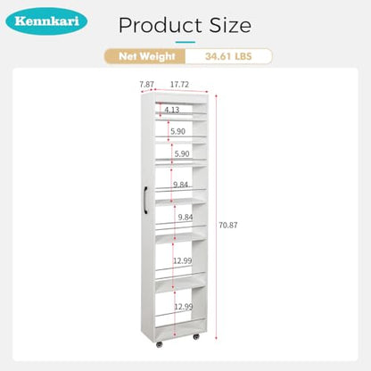 7 Tier Slim Storage Cart with Storage Shelf for Next to Fridge, Rolling Spice Rack with Handle for Small Spaces, Utility Cart with Double-Sided Spice Rack for Kitchen (White)