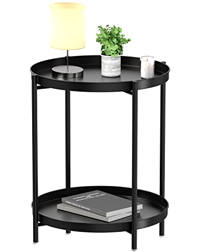 EKNITEY 2 Tier End Table - Metal Side Table Waterproof Small Sofa Coffee Side Tables Bedroom Indoor Outdoor with Removable Tray for Living Room Bedroom Balcony and Office (Black) - color: Black, size: 2 tier