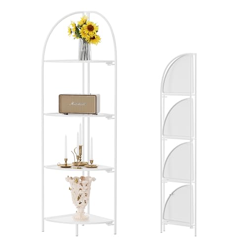 Crofy 4-Tier Foldable Corner Shelf, Metal White Frame & Shelves | Corner Plant Stand, Corner Display Rack, Multipurpose Shelving Unit for Living Room, Bedroom and Bathroom - color: White Frame & White Shelf, size: 4 Tier