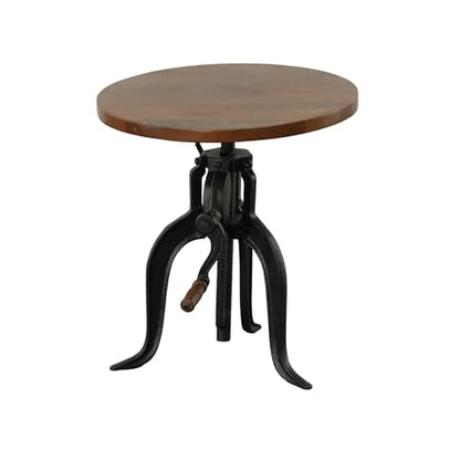 Carolina Chair & Table Adjustable Hand Crank 18" Wooden Top Rustic Side Table - Cast Iron Base Round Accent Table for Farmhouse, Living Room, or Bedroom (Chestnut/Black) - color: Chestnut/Black