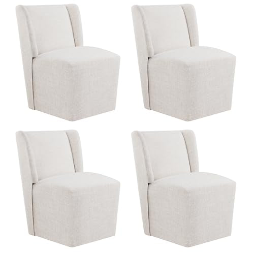 KISLOT Upholstered Dining Chairs Set of 4 with Casters, Wingback Modern Side Armless Deskchair with Rollers for Diningroom Bedroom Livingroom Reading Room, Linen Fabric - color: A Linen Fabric, size: Set of 4
