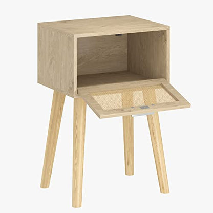 LAATOOREE Nightstand Set of 2, Small Bedside Table, Boho Side End Table, Rattan Door, Solid Wood Feet for Bedroom and Living Room - color: Natural, style: Boho Style