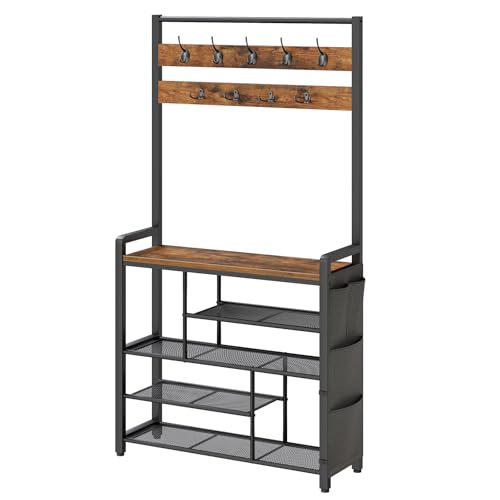 HOOBRO Hall Tree with Bench, Shoe Rack with Coat Rack, Coat Rack with Shoe Storage, 5 Tier Shoe Storage Organizer with Oxford Fabric Side Pockets, Coat and Shoe Rack Entryway, Rustic Brown BF45MT01 - color: Rustic Brown, size: 29.5"L x 11.8"W x 70.9"H