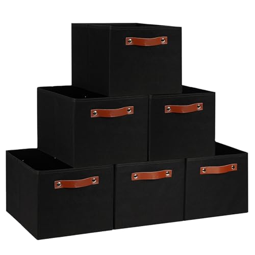 Fabric Storage Bins (15x11x9.5”) – Reinforced 2.5mm Cardboard Shelf Bins with PU Leather Handles – [6-Pack] Durable Storage Baskets for Closet Organization, Toy Organizer, & Home Office – Black - color: Black, size: 15(L) x 11(W) x 9.5(H)