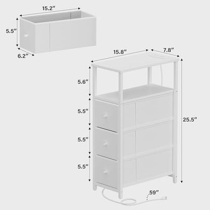 TUTOTAK Narrow Night Stand with Charging Station, Slim End Table | Tall Side Table with 3 Fabric Drawer, Small Bedside Table with Storage, Living Room, Bedroom, White TB01BW086 - color: White, size: 1 Pack (3 Drawers), style: With Plug