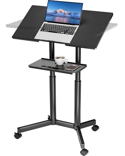BONTEC Lecterns & Podiums Portable Mobile Standing Laptop Desk, Height Adjustable, Sit Stand, Home Office Classroom Pulpit Stand Up Desk Workstation, Rolling Table Laptop Cart with Storage Tray, White - color: Black
