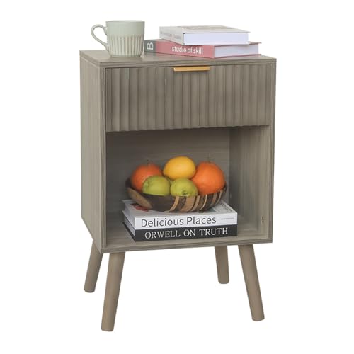 Fultyle Mid Century Modern Nightstand, Wood Bedside Table with Drawer and Open Storage, End Table Living Room Fluted Night Stand with Solid Wood Legs for Bedroom (Grey) - color: Grey