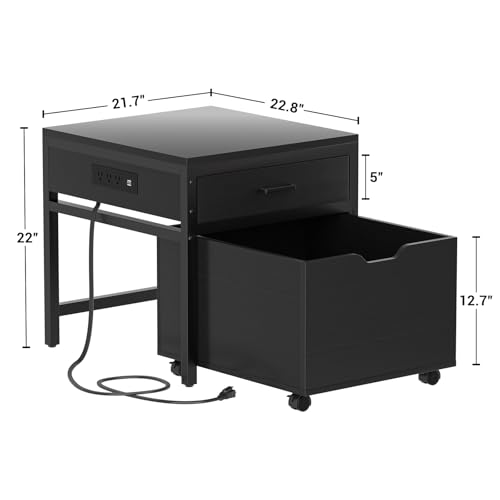 Unikito Mini Fridge Stand with Drawer Storage & Power Outlet, Black | Heavy duty mobile beverage refrigerator shelf with lockable wheels, 22.8" x 21.6" table, max load 300 lbs for office. - color: Black
