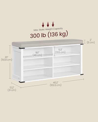 VASAGLE LIRY Collection - Shoe Storage Bench with Removable Cushion, Shoe Rack with Padded Seat, Entryway Bench with 6 Open Compartmens, Adjustable Shelves, Cloud White ULSB105W01 - color: Cloud White, size: 12.2"D x 40.2"W x 20"H