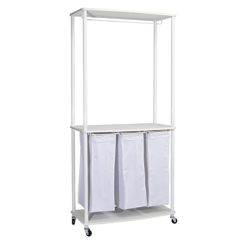 Household Essentials 3-Bag Laundry Center, Smooth Laminate Shelving, Sturdy Steel Frame, White - color: White, size: 31.5"L x 17.3"W x 67.3"H