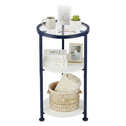 Modern 3-Tier Round Side Table with Glass Top, Small End Table for Small Spaces, 22" High Bedside Table with White Shelves and Navy Blue Frame, Stylish Metal Nightstand for Living Room Bedroom - color: White + Navy Blue