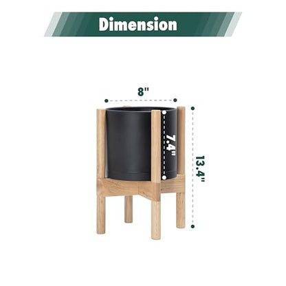 D'vine Dev Plastic Pot with Natural Wood Stand, Black, 8 in, 55-C-J-2 | Mid-Century Inspired Design, Elevated Plant Display, Clean Lines, Sturdy Support, Modern Space-Saving Style - color: Matte Black Pot + Natural Stand, size: 8 Inch