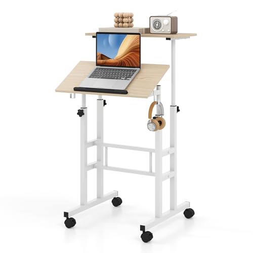 Tangkula Mobile Standing Desk, Height-Adjustable Laptop Podium Cart with Tilting Tabletop & Adjustable Angle, Rolling Stand Up Computer Desk with 2 Hanging Hooks & Lockable Casters for Home Office - color: Natural