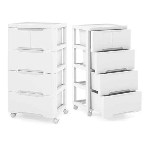 Plastic Storage Drawer Cart, Mobile Utility Cart, Home Craft Organizer with 5 Drawers & Lockable Wheels, Slim Rolling Storage Cart for Living Room, Bathroom, Dorm & Office (16”L x 13”W x 31”H)