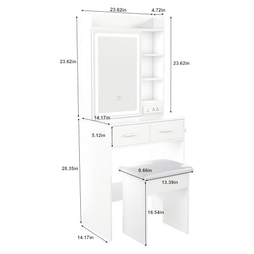 Small Vanity Desk Set with Lighted Mirror and Stool, Compact Makeup Table Set with Light - 3 Color Models, Dressing Makeup Table with Hair Dryer Rack & Power Strip & 2 Drawers for Bedroom Apartment