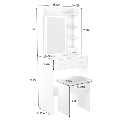 Small Vanity Desk Set with Lighted Mirror and Stool, Compact Makeup Table Set with Light - 3 Color Models, Dressing Makeup Table with Hair Dryer Rack & Power Strip & 2 Drawers for Bedroom Apartment