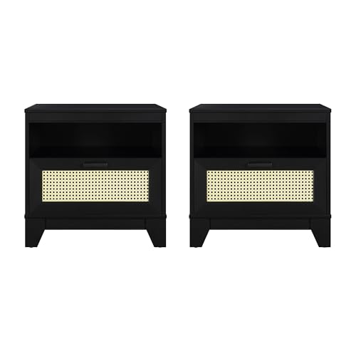 Manhattan Comfort Sheridan Cane Mid Century Modern Nightstand with 1 Full-Extension Drawer and Open Cubby Space, Elegant Bedside Table and Decor Accent for Bedroom and Living Room, Set of 2, Black - size: Set of 2