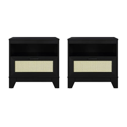 Manhattan Comfort Sheridan Cane Mid Century Modern Nightstand with 1 Full-Extension Drawer and Open Cubby Space, Elegant Bedside Table and Decor Accent for Bedroom and Living Room, Set of 2, Black - size: Set of 2