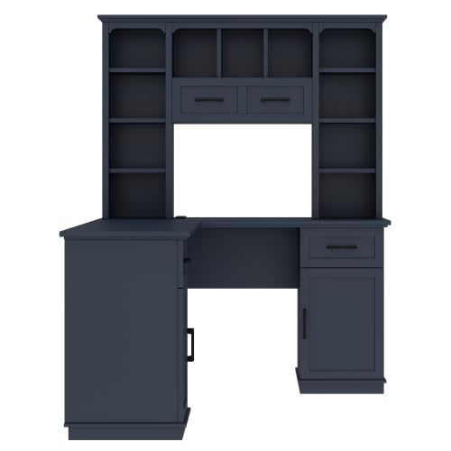 Bellemave L-Shaped Computer Desk with Drawers, Hutch and Bookshelf, Home Office Desk, Corner Gaming Computer Desk with Power Outlet, Study Table Writing Desk, Antique Blue - color: Antique Blue
