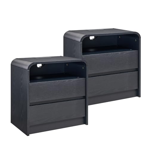 Aitjunz 25" Tall Modern Nightstand Set of 2, 23.6'' Wide Wood Bedside Table w/2 Storage Drawers, Charging Station, Mid Century End Table for Bedroom, Living Room,Curved Profile Design, Black - color: Black, size: 2 Pieces