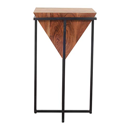 The Urban Port 26 Inch Pyramid Shape Wooden Side Table | Brown Finish, Cross Black Metal Base, Modern Accent End Table, For Living Room, Bedroom, Entryway, Lounge, Home Decor Display - size: 26-Inch