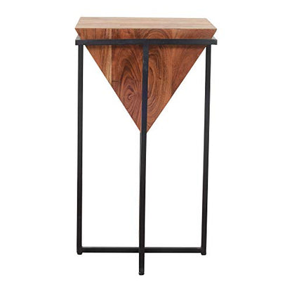 The Urban Port 26 Inch Pyramid Shape Wooden Side Table | Brown Finish, Cross Black Metal Base, Modern Accent End Table, For Living Room, Bedroom, Entryway, Lounge, Home Decor Display - size: 26-Inch