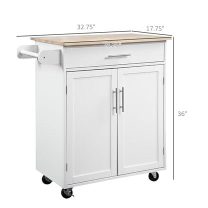 HOMCOM Kitchen Island Cart, Rolling Island Table with Solid Wood Top, Trolley Cart with Drawer, Storage Cabinet & Towel Rack, White - color: White