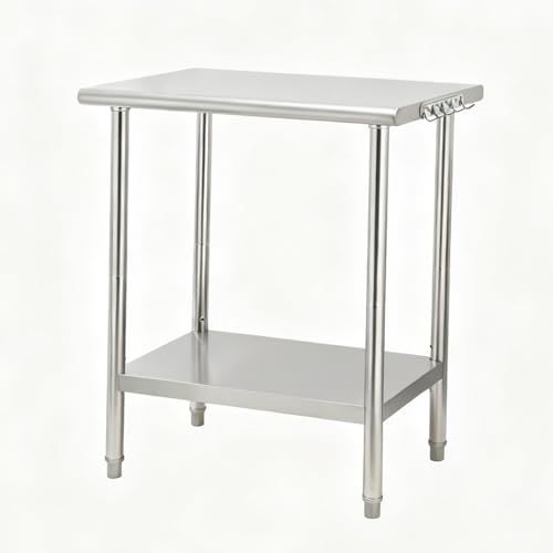 Garvee Stainless Steel Curved Edge Work Table 48 inch Double Layer, Heavy Duty Commercial Prep Table with Hook, 0.7mm Thick - size: 48*24*35inch