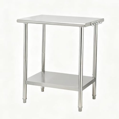 Garvee Stainless Steel Curved Edge Work Table 48 inch Double Layer, Heavy Duty Commercial Prep Table with Hook, 0.7mm Thick - size: 48*24*35inch