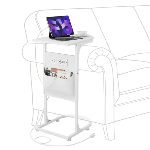 C Shaped End Table, Couch Side Table with Charging Station for Small Spaces | Wobble-Free C Table, White, Storage Bag, 2 AC Outlets & 2 USB Ports, Study Metal Frame, For Living Room, 15-Min Easy Assembly - color: Charging Station White