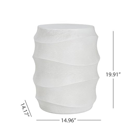 White Textured Wave Drum Side Table, Indoor Outdoor Round Accent End Table, Modern Sculptural Garden Stool Plant Stand for Patio Living Room Bedroom Entryway