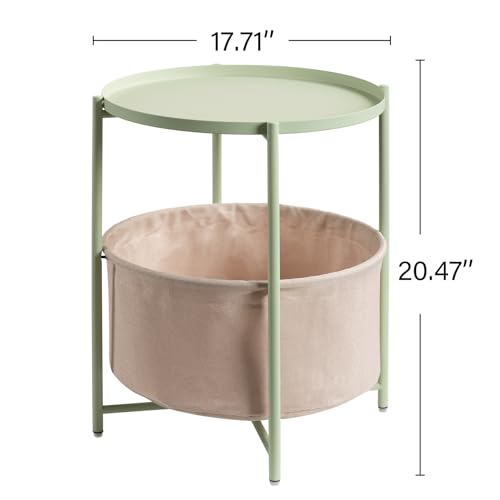 danpinera Round Side Table with Fabric Storage Basket, Small Coffee Table | Metal End Stand with Removable Serving Tray, Modern Nightstand for Small Space, Living Room, Bedroom, Nursery, Light Green - color: Light Green