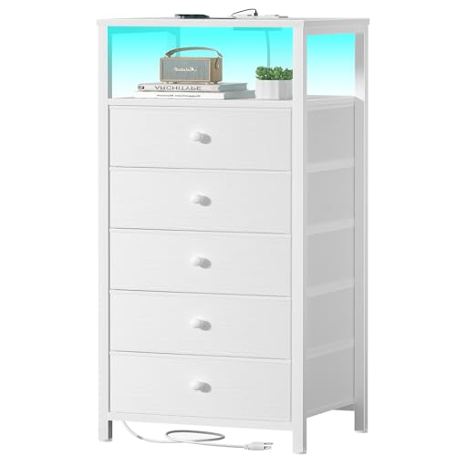 BOLUO White Dresser with 5 Drawers Tall Nightstand with Charging Station and LED Light, Bedside Table Room Storage Drawers Closet - color: A.white, size: 11.8"D x 15.7"W x 39.8"H (5 drawers)