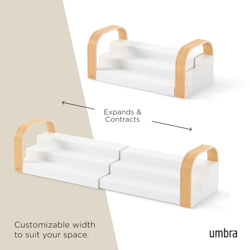 Umbra Bellwood Spice Shelf, Expandable Three-Tier, White/Natural | Pantry organizer, no assembly, large capacity storage, fits cabinets and drawers - color: Natural/White