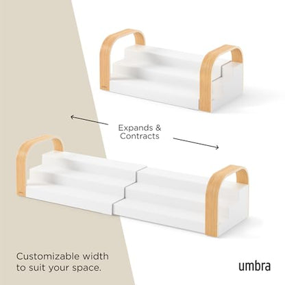 Umbra Bellwood Spice Shelf, Expandable Three-Tier, White/Natural | Pantry organizer, no assembly, large capacity storage, fits cabinets and drawers - color: Natural/White