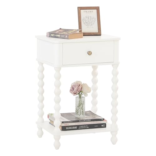 AWASEN White Nightstand, Small Side Table with Drawer for Living Room, Farmhouse End Bedside Table with Spindle Wood Legs for Bedroom, Office, White - color: White