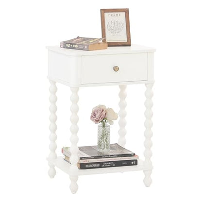 AWASEN White Nightstand, Small Side Table with Drawer for Living Room, Farmhouse End Bedside Table with Spindle Wood Legs for Bedroom, Office, White - color: White