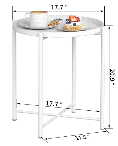 EKNITEY End Table,Folding Metal Side Table Waterproof Small Coffee Table Sofa Side Table with Removable Tray for Living Room Bedroom Balcony and Office - color: White, size: 1 tier