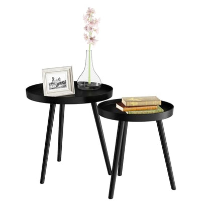 Lavish Home Nesting Side Tables, Black, Set of 2, 21.5”/16” | Round End Tables with Tray Tops for Living Room, Bedroom, or Home Office, Mid-Century Modern Living Room Furniture
