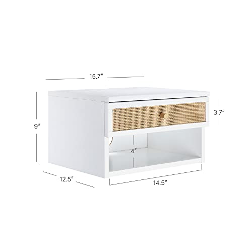 Nathan James Jackson Wall Mounted Rattan Floating Bedroom Nightstand with Storage Drawer and Modern Open Shelf Cubby, White/Rattan - color: White/Rattan, size: 1