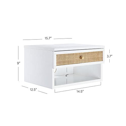 Nathan James Jackson Wall Mounted Rattan Floating Bedroom Nightstand with Storage Drawer and Modern Open Shelf Cubby, White/Rattan - color: White/Rattan, size: 1