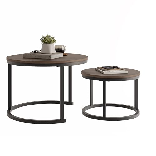 HOJINLINERO Round Nesting Coffee Table Set of 2,Walnut Coffee Table,Large | Center Table for Living Room,Small Apartment,Small Space,Stacking Side Tables,Wood Tabletop,Sturdy and Easy to Assemble - color: Walnut, size: Large