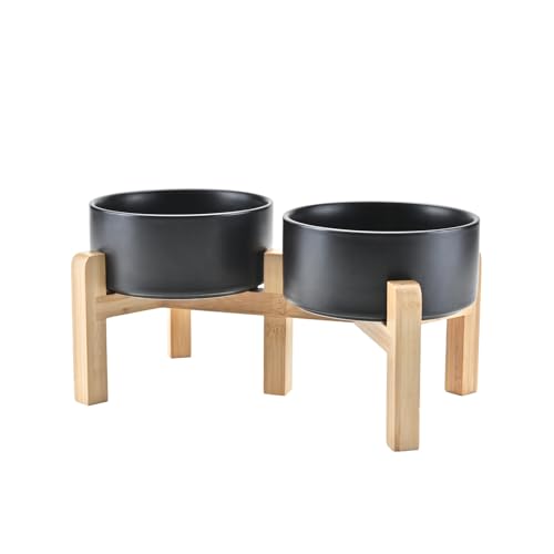 SPUNKYJUNKY Elevated Dog Bowls Ceramic, 6.1'' Dogs and Cat Food Water Bowls Raised with Non-Slip Bamboo Stand for Medium Sized Breed Microwave Dishwasher Safe - 28.7 OZ,Black - color: Black, size: 6.1 in - 3.6 cups