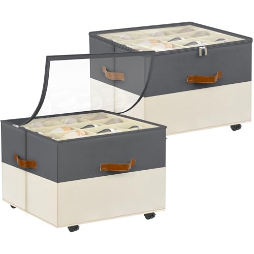 Shoe Organizer for Closet, 2 Pack Shoe Storage Organizer with Wheels and Adjustable Dividers, Stackable Shoe Storage Box with Clear Cover, Closet Shoe Organizer Fits up to 16-32 Pairs, Gray and Beige - color: Gray and Beige, size: 17"L x 17"W x 12 ½"H-2 P