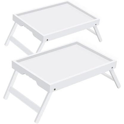 Breakfast Tray with Folding Legs Set of 2, Bamboo Bed Tray Table 15.7" Foldable TV Dinner Tray with Ergonomic Wave Handles for Bed Couch Sofa, Breakfast, Snacks, Coffee, White - color: White, size: Medium